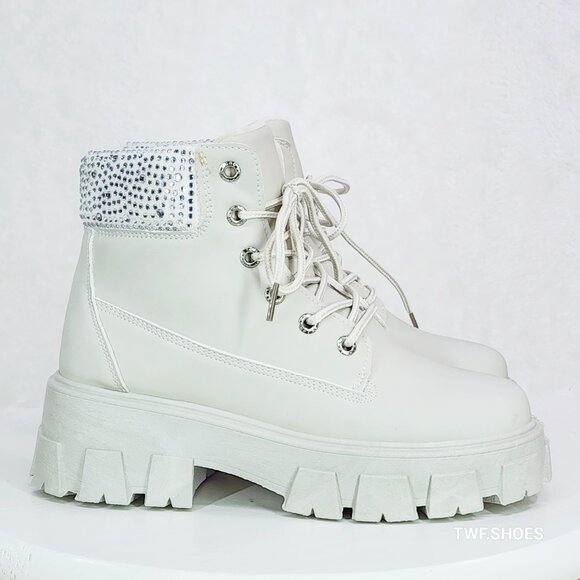 Teck Off White Combat Ankle Work Boots With Rhinestone Cuffs New - Picture 10 of 10